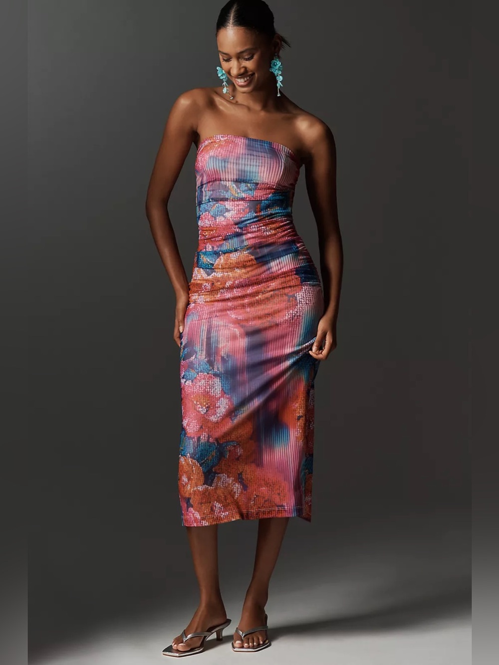 By Anthropologie The Soleil Slim Strapless Ruched Mesh Dress